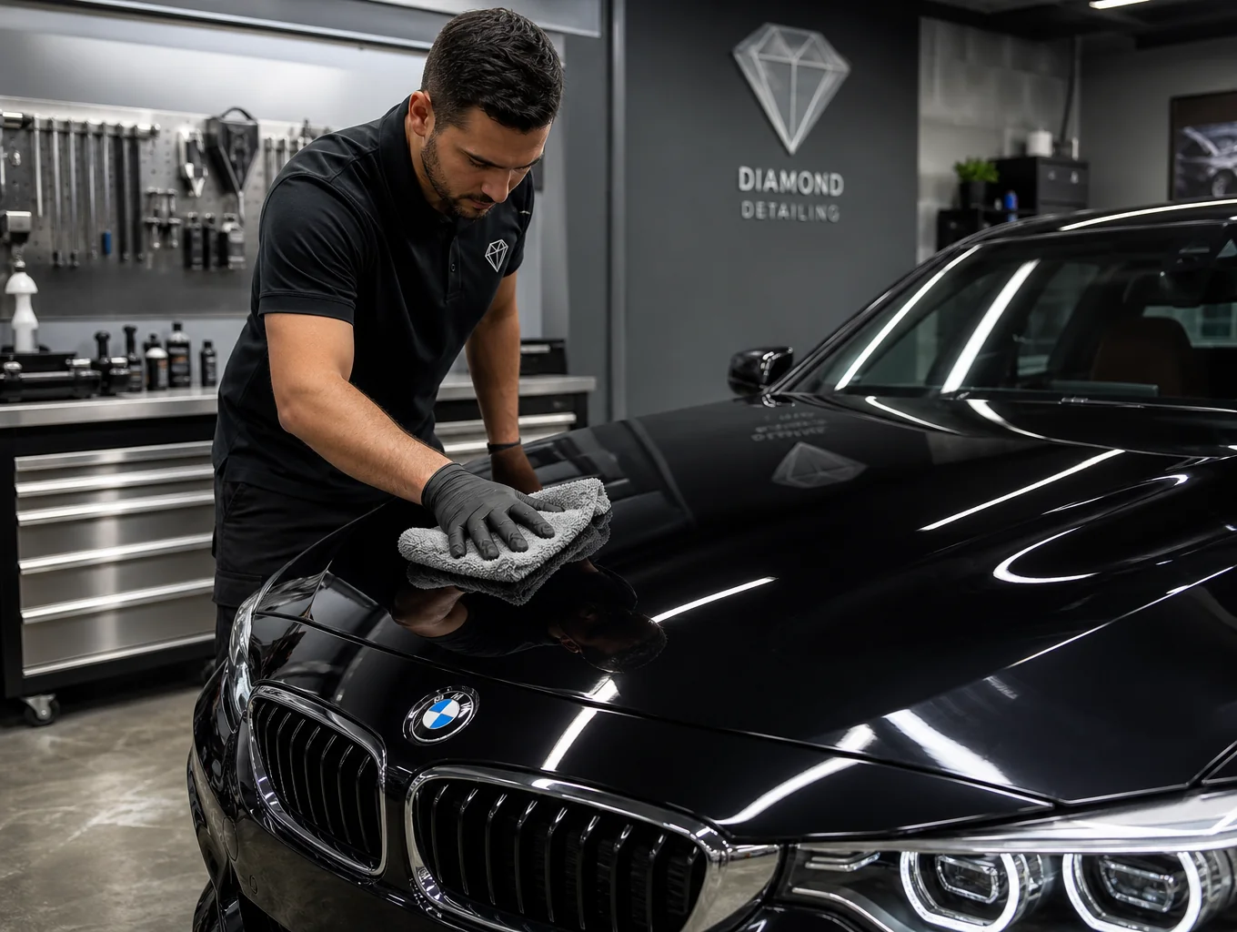 Detailing technician operating rotary buffer under shop inspection LED lights