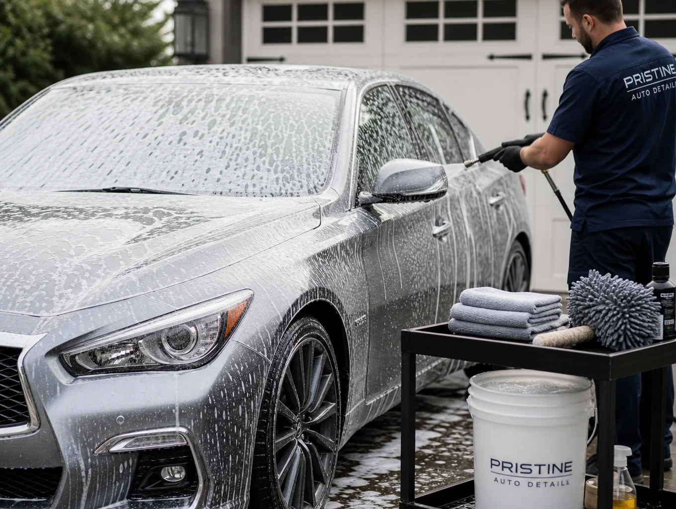 Vehicle receiving precise pressure wash rinse with clean water beading