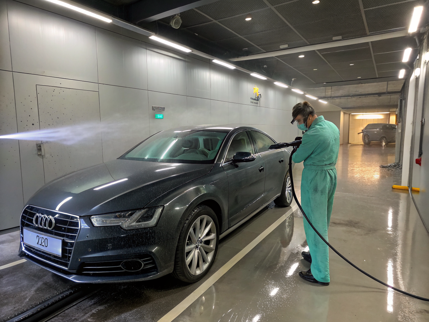 Automotive exterior foam rinse and water beading during hand detailing wash