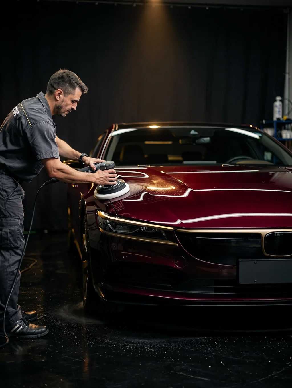 Detailing technician polishing automotive paintwork under technical LED inspection lighting