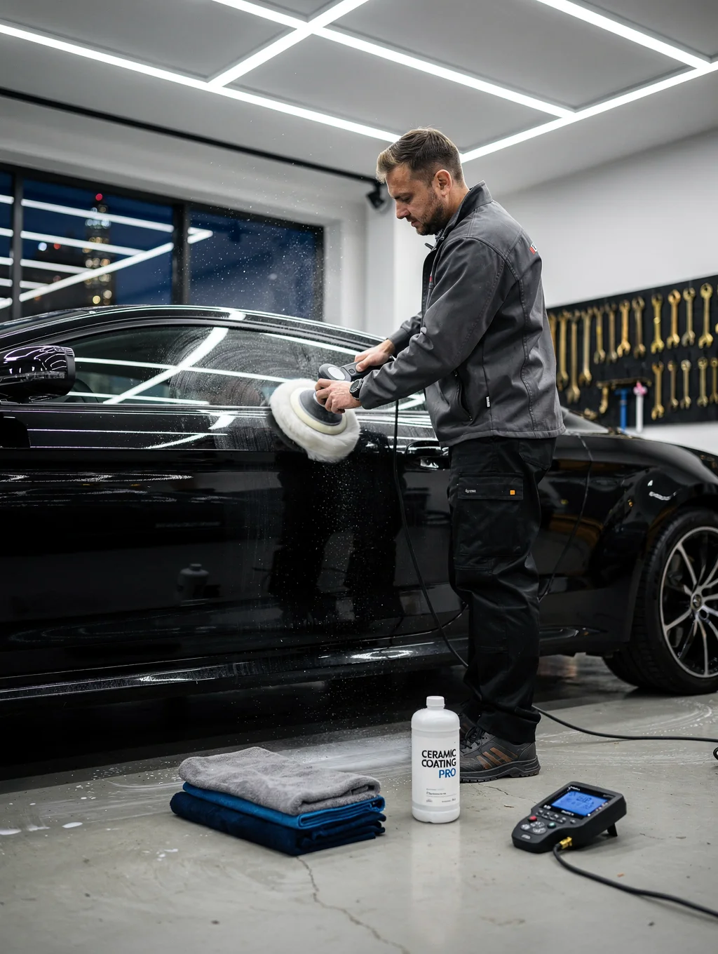 Detail technician performing thorough vehicle prep under high-intensity inspection lights in Fort Mill shop