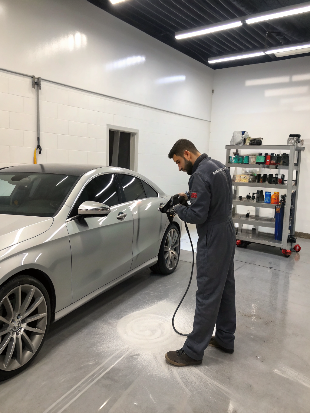 Technician methodically polishing an exterior vehicle panel under workshop inspection lights